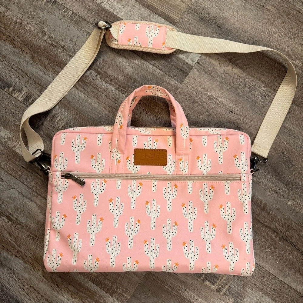 Pink Cactus Print Women's Laptop Bag with Shoulder Strap